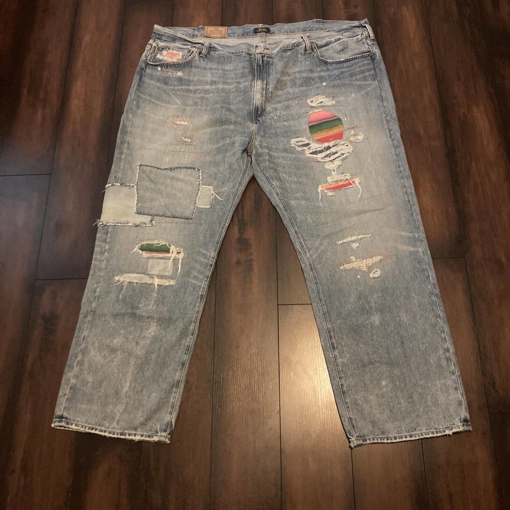 POLO RALPH LAUREN 48x30 Big Tall Hampton Relaxed Serape Patch Distressed Jeans
